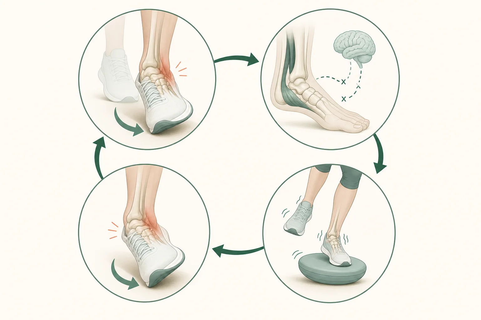 초기 발목 염좌 후 감각과 근력, 균형 저하가 반복 염좌로 이어질 수 있는 과정을 나타낸 그림
