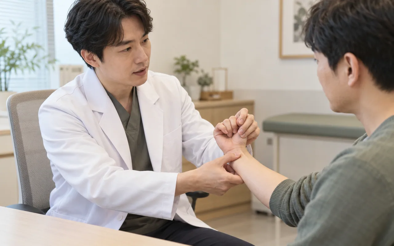의료진이 팔과 손 저림 환자의 손목과 손가락 근력 및 감각을 확인하는 신경학적 진찰 장면