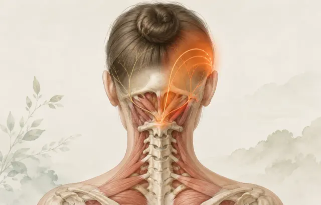 상부 경추와 목 뒤에서 시작된 통증 신호가 뒤통수와 머리로 이어질 수 있음을 보여주는 의료 일러스트