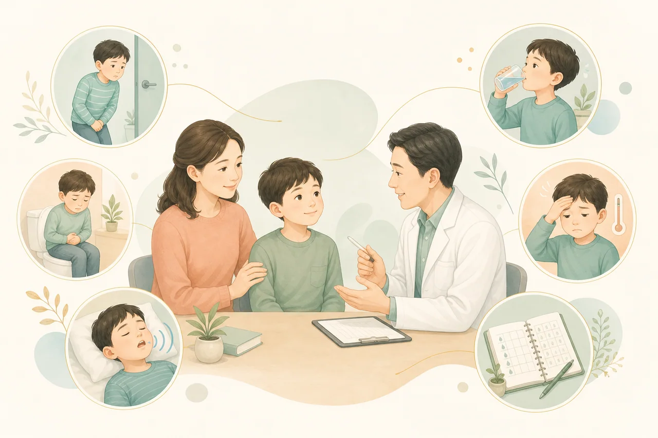 소아 야뇨증 진료에서 낮 배뇨 증상, 변비, 수면, 갈증과 재발 여부를 확인하는 과정을 보여주는 의료 일러스트