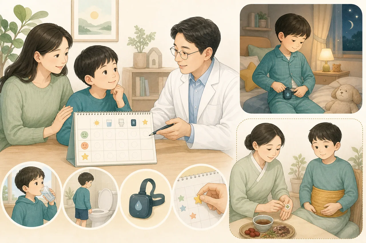 아이를 비난하지 않고 배뇨일지, 취침 전 화장실, 낮 수분 섭취와 생활관리를 함께 실천하는 가족을 보여주는 일러스트