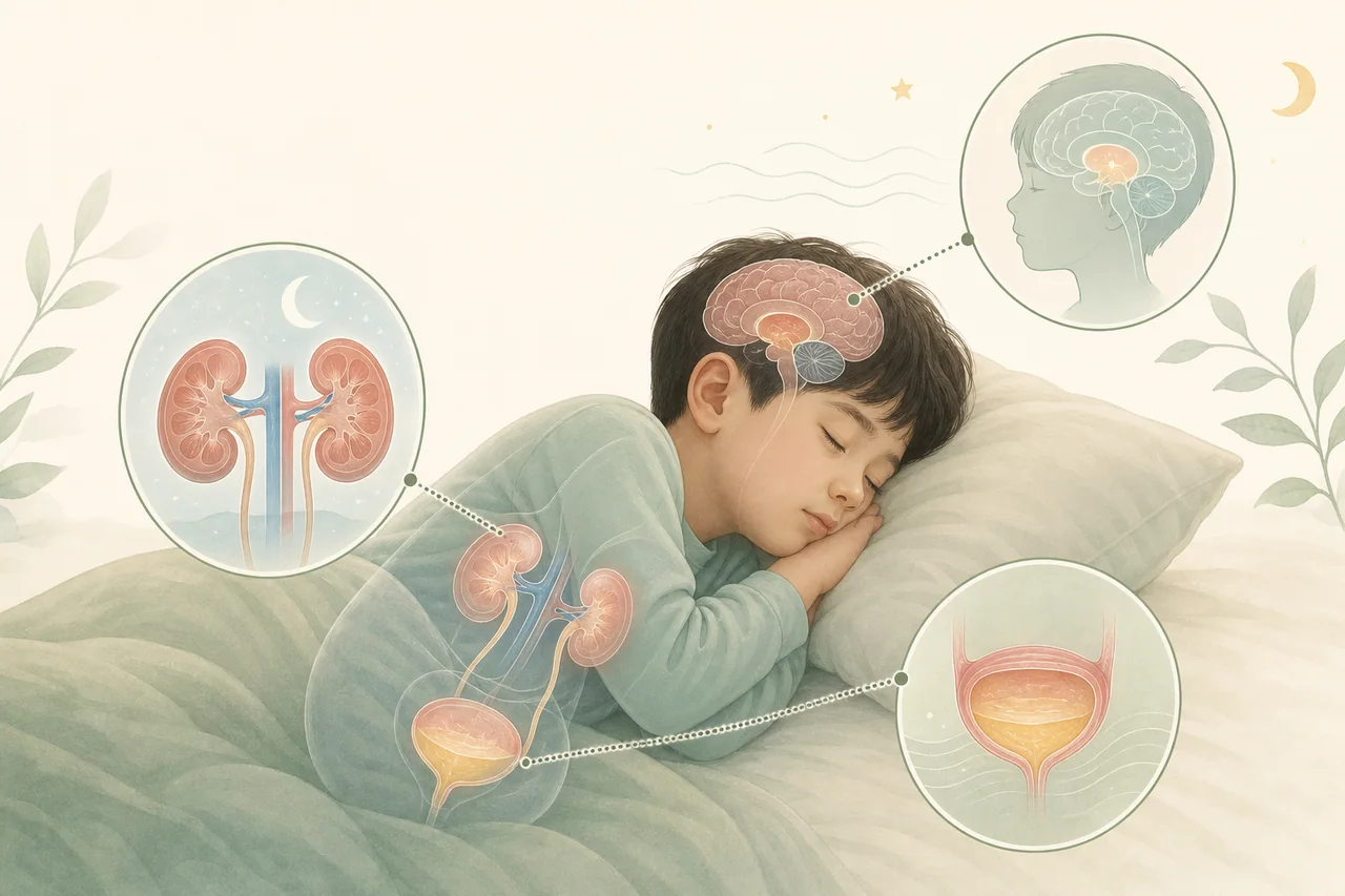 소아 야뇨증과 관련된 야간 소변 생성, 방광 저장, 수면 중 각성의 세 과정을 설명하는 의료 일러스트