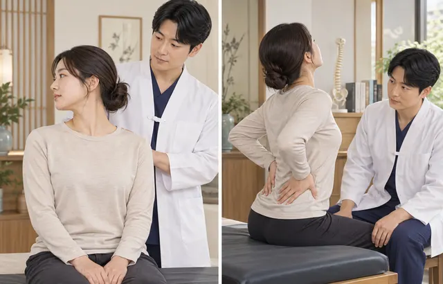 추나요법 전 의료진이 목과 허리의 움직임을 살피는 설명용 일러스트