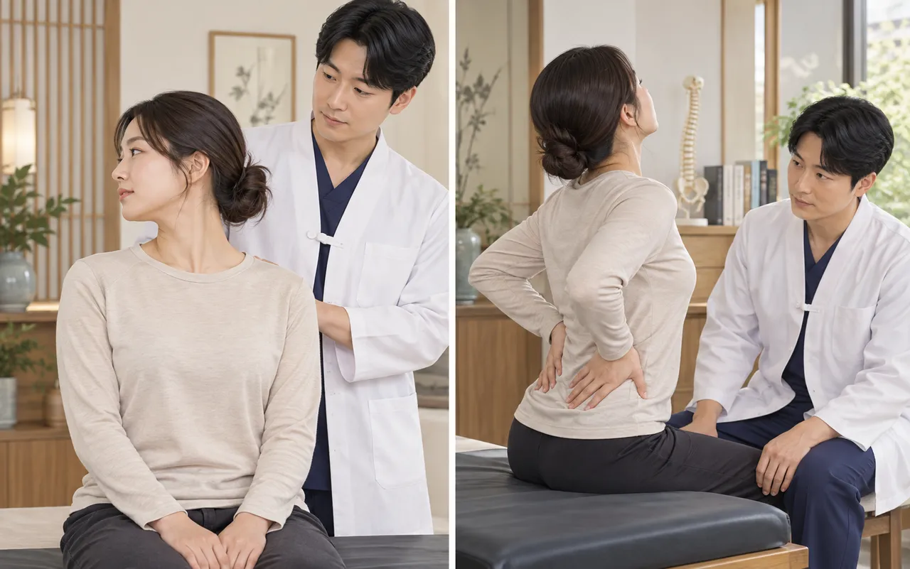 의료진이 앉은 환자의 목과 허리 움직임을 관찰하며 추나요법 전 상태를 평가하는 일러스트