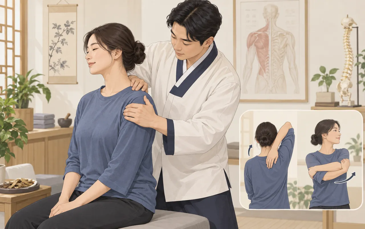 의료진이 환자 상태에 맞춘 부드러운 수기치료를 적용하고 환자가 무리하지 않는 움직임을 연습하는 의료 일러스트