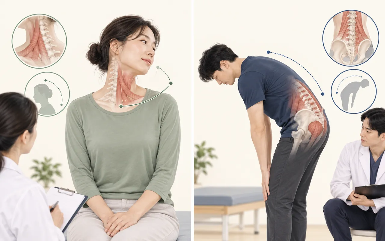 목을 돌릴 때와 허리를 숙일 때의 움직임과 불편을 각각 살피는 장면을 비교한 의료 일러스트