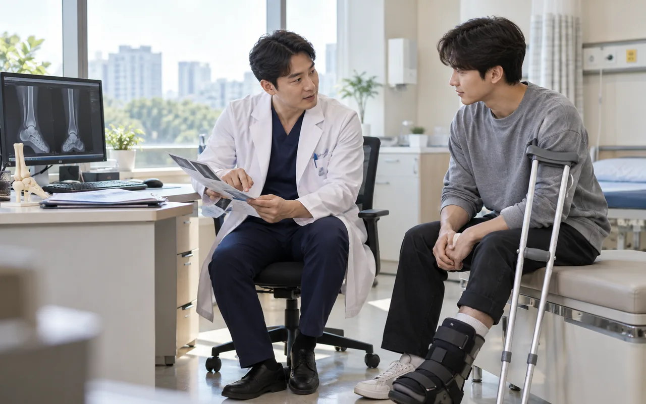 큰 병원에서 발목 골절 치료 후 영상과 향후 회복 계획을 설명 듣는 환자