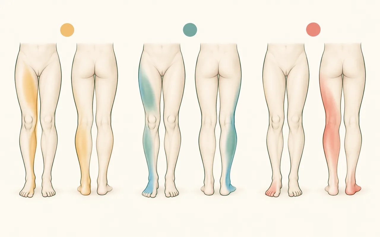 L4, L5, S1 신경근 증상에서 흔히 관찰되는 다리 감각 분포를 세 가지 색으로 비교한 설명용 일러스트