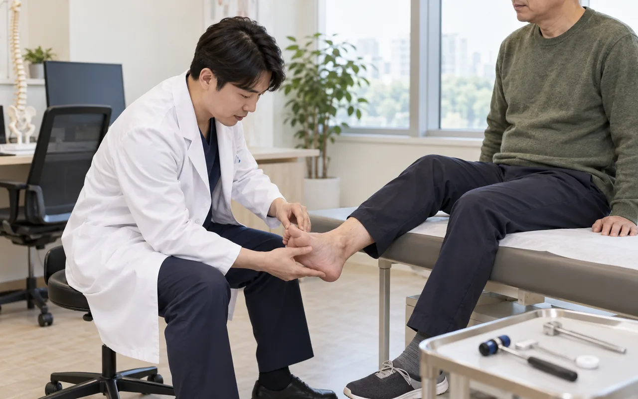 의료진이 다리 저림 환자의 발목과 엄지발가락 근력 및 감각을 확인하는 신경학적 진찰 장면