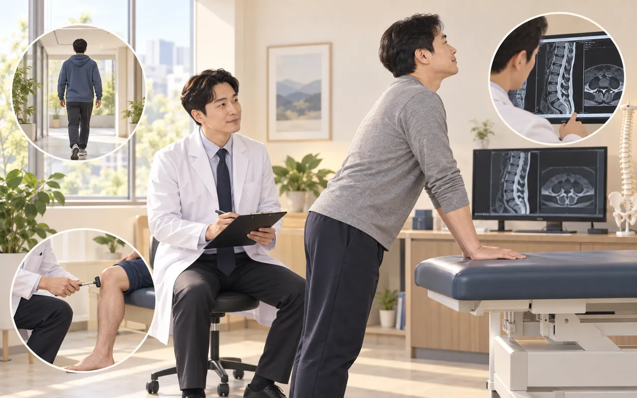 의료진이 허리 움직임과 보행, 다리 신경학적 진찰, 영상검사를 종합해 평가하는 장면