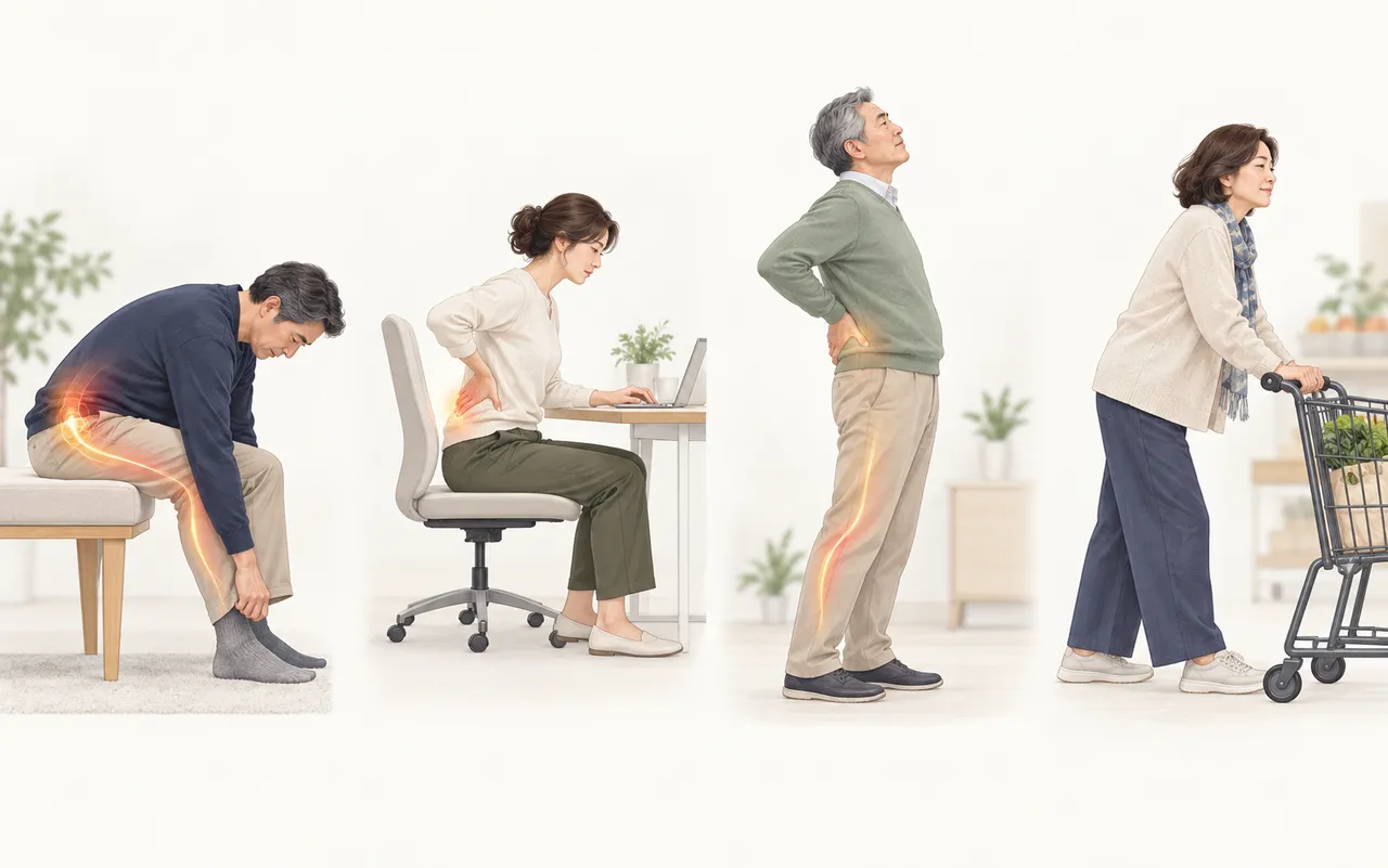 숙이기와 오래 앉기에서 불편한 양상, 서서 젖히거나 걸을 때 불편하고 쇼핑카트에 기대면 편한 양상을 보여주는 생활 동작 일러스트