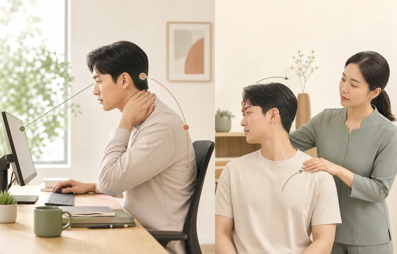 낮은 모니터를 보는 자세에서 목 부담이 커지는 모습과 의료진이 목 회전 및 어깨 움직임을 부드럽게 평가하는 장면