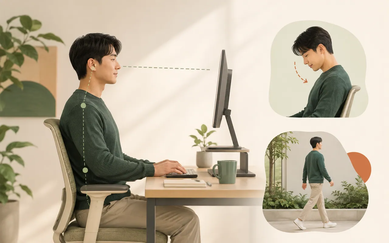 모니터 높이를 조절하고 자세를 바꾸며 중간에 걸어서 목의 부담을 관리하는 직장인의 모습