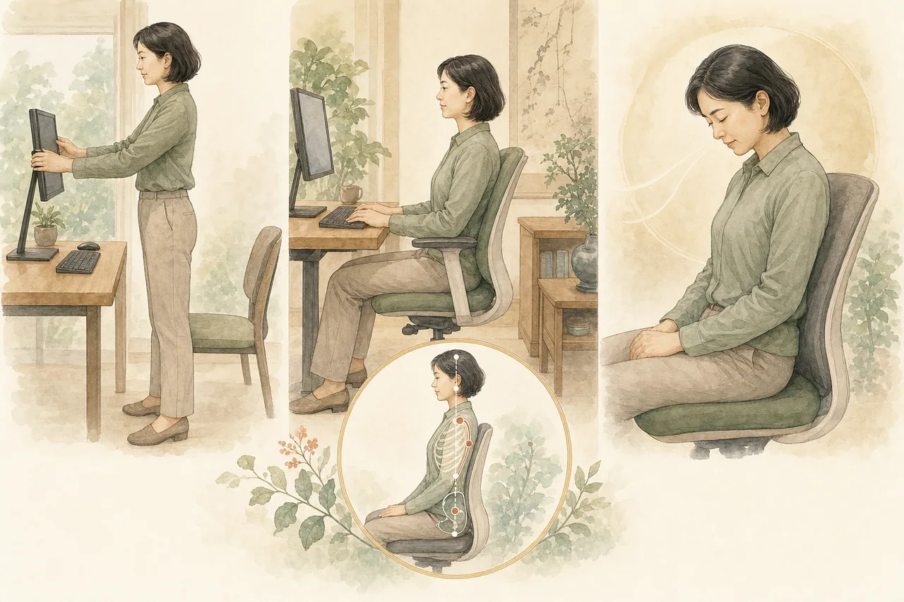 화면 높이 조절과 편안한 앉은 자세, 가벼운 턱 조절과 호흡을 보여주는 생활관리 일러스트