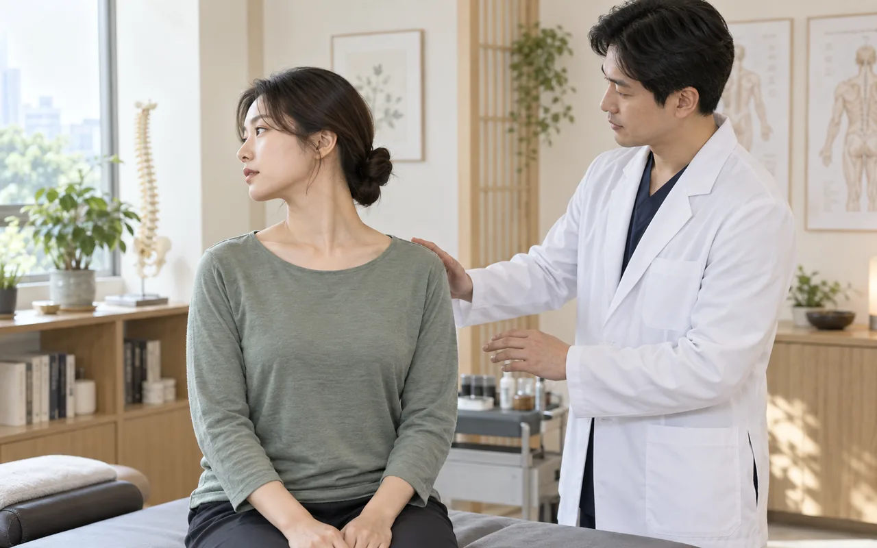 목 어깨와 견갑대의 움직임을 평가하는 장면