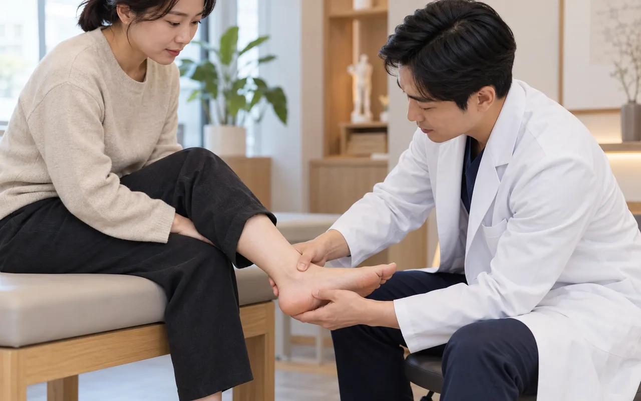 의료진이 발뒤꿈치 압통과 발목 움직임을 확인하는 진찰 장면