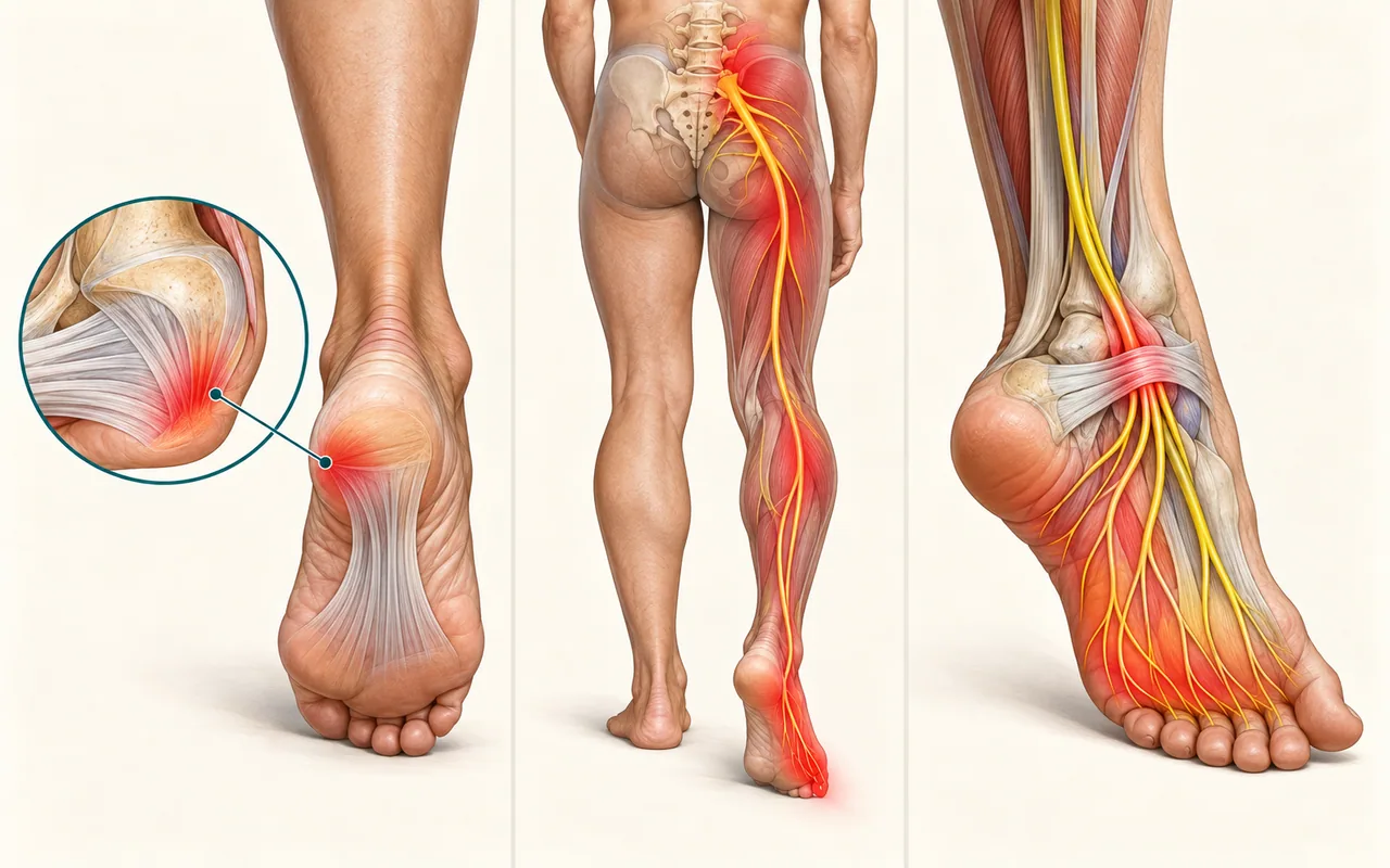 족저근막의 국소 통증과 S1 신경근 및 족근관 신경 경로를 비교한 의료 일러스트