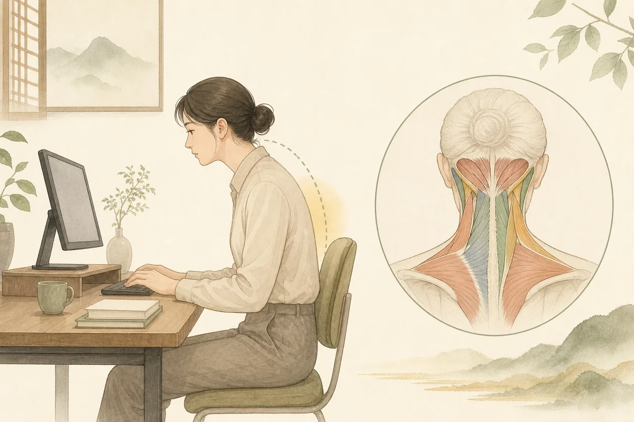 낮은 화면을 보는 자세와 뒷목 근육의 관계를 보여주는 의료 일러스트