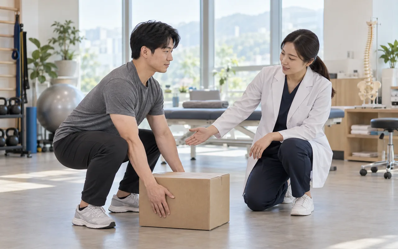 의료진의 안내를 받으며 허리를 중립으로 유지해 상자를 드는 동작을 연습하는 환자