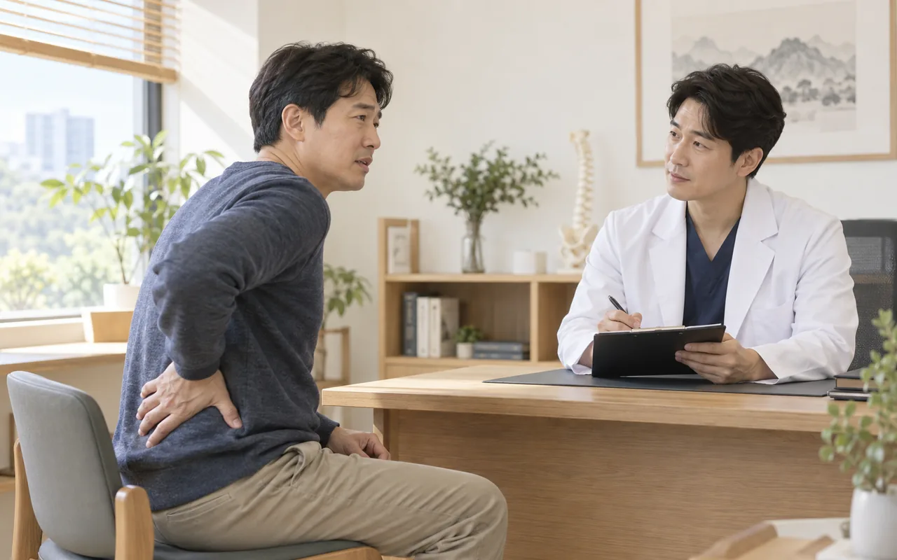 허리 통증 환자가 의료진에게 증상이 시작된 상황을 설명하는 모습