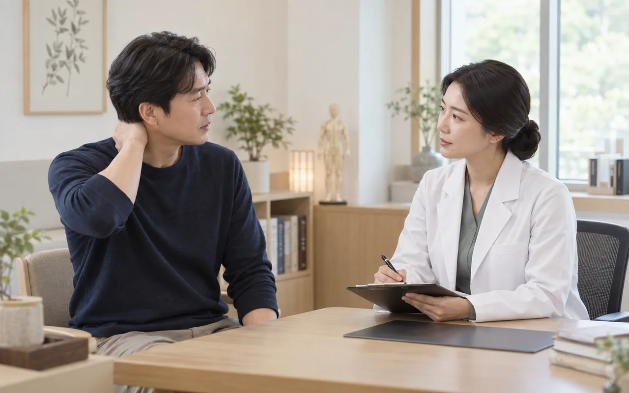 뒷목 통증 환자가 의료진에게 증상을 설명하는 모습