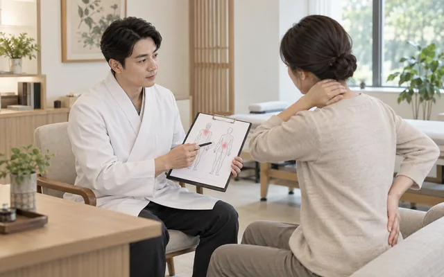 교통사고 후 의료진이 목과 허리 증상을 평가하는 장면