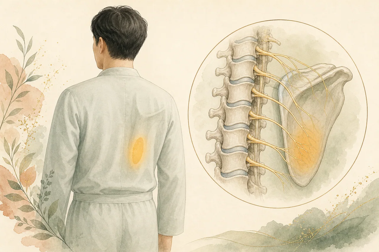 상부 흉추 감각신경과 날개뼈 안쪽의 감각 이상 부위를 보여주는 의료 일러스트