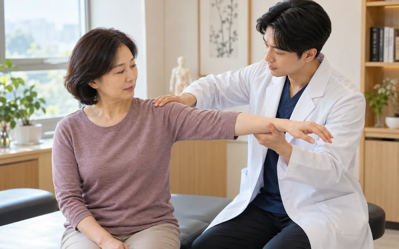 의료진이 어깨 통증 환자의 움직임과 근력을 확인하는 진찰 장면