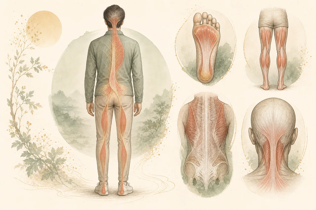 발바닥부터 종아리와 햄스트링, 등과 뒤통수까지 이어지는 표면후방선의 해부학적 연속성 개념을 보여주는 의료 일러스트