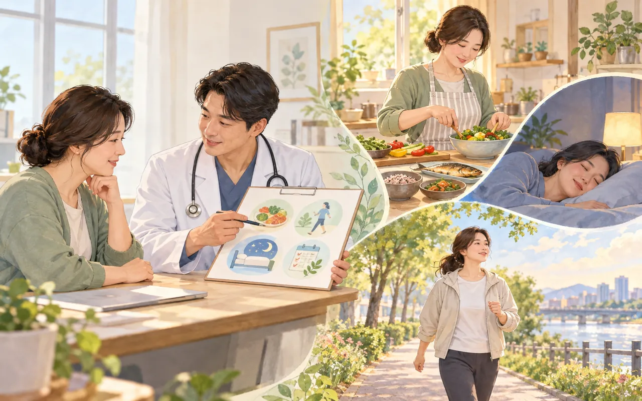 의료진과 체중관리 계획을 세운 뒤 균형 잡힌 식사와 수면, 걷기를 생활 속에서 실천하는 모습을 담은 일러스트