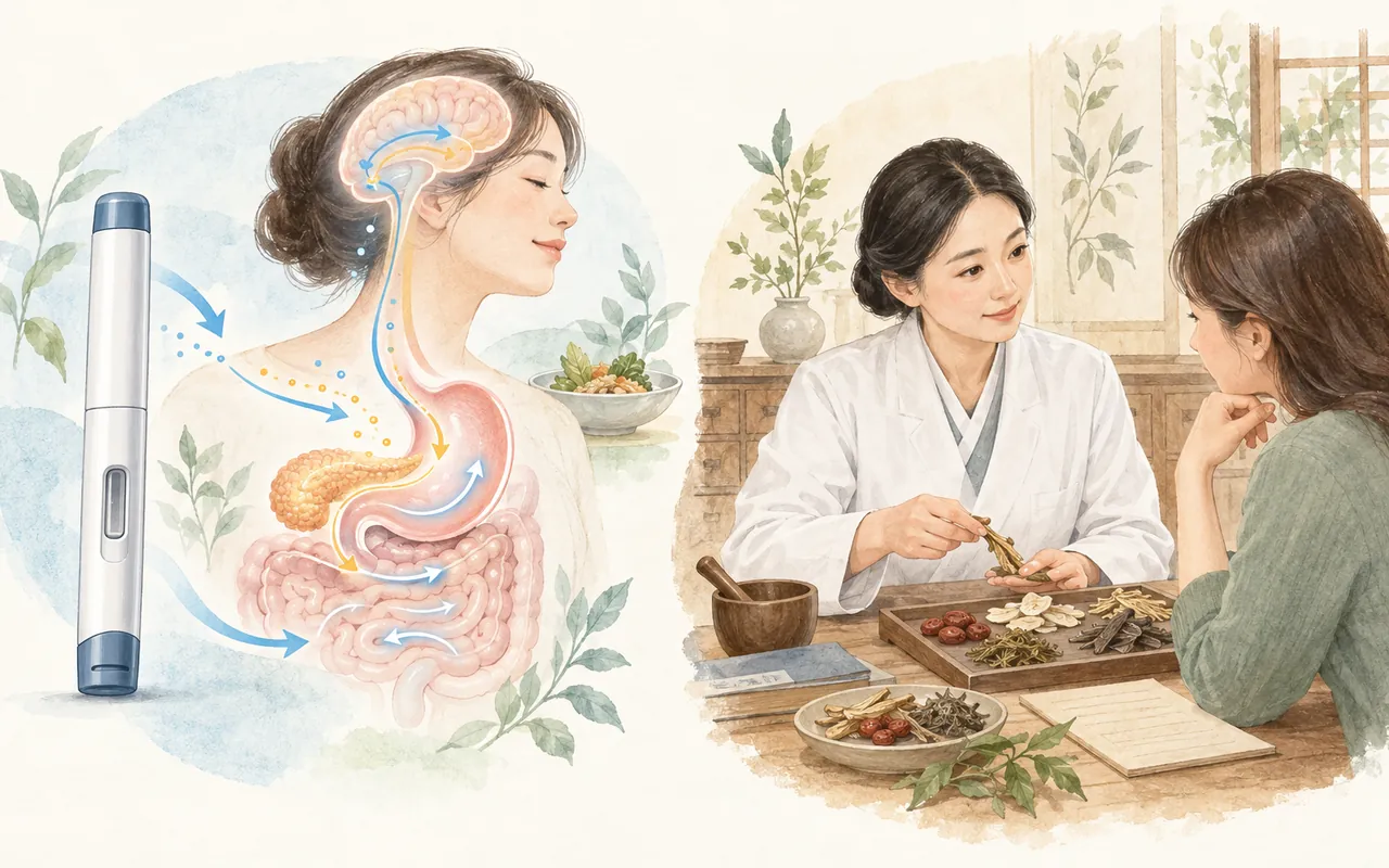 터제파타이드의 장-뇌 신호와 맞춤 한약 상담을 비교한 의료 일러스트