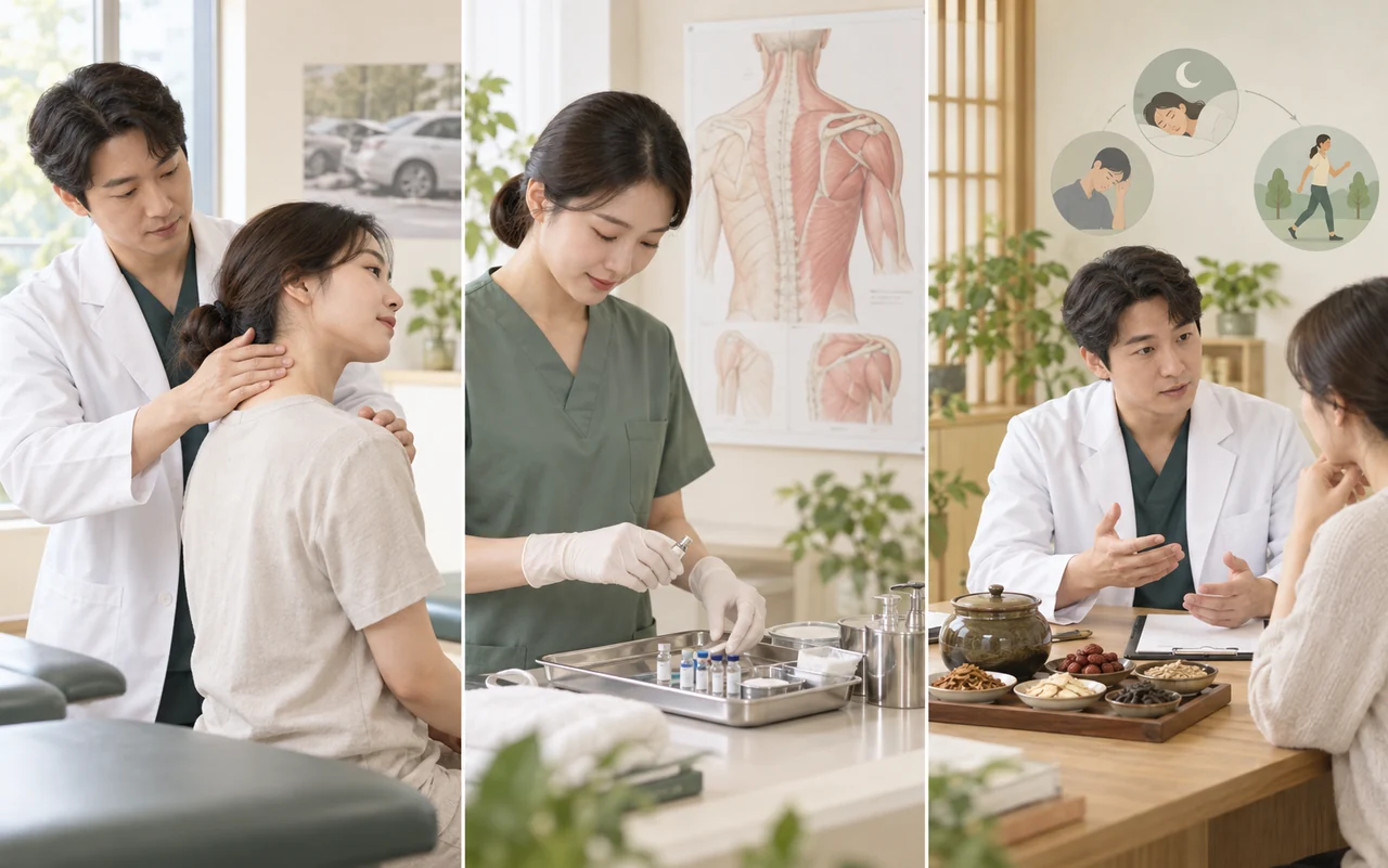 교통사고 후 상태에 맞춰 추나요법과 약침, 한약 상담을 선택하는 과정을 보여주는 의료 일러스트