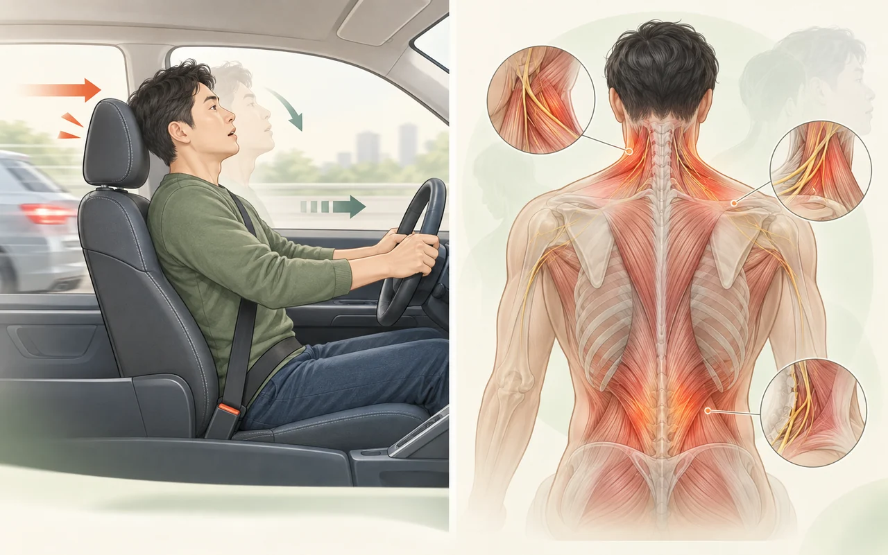 차량 충돌 후 목과 등, 허리 근육의 보호성 긴장과 주변 신경 구조를 보여주는 의료 일러스트