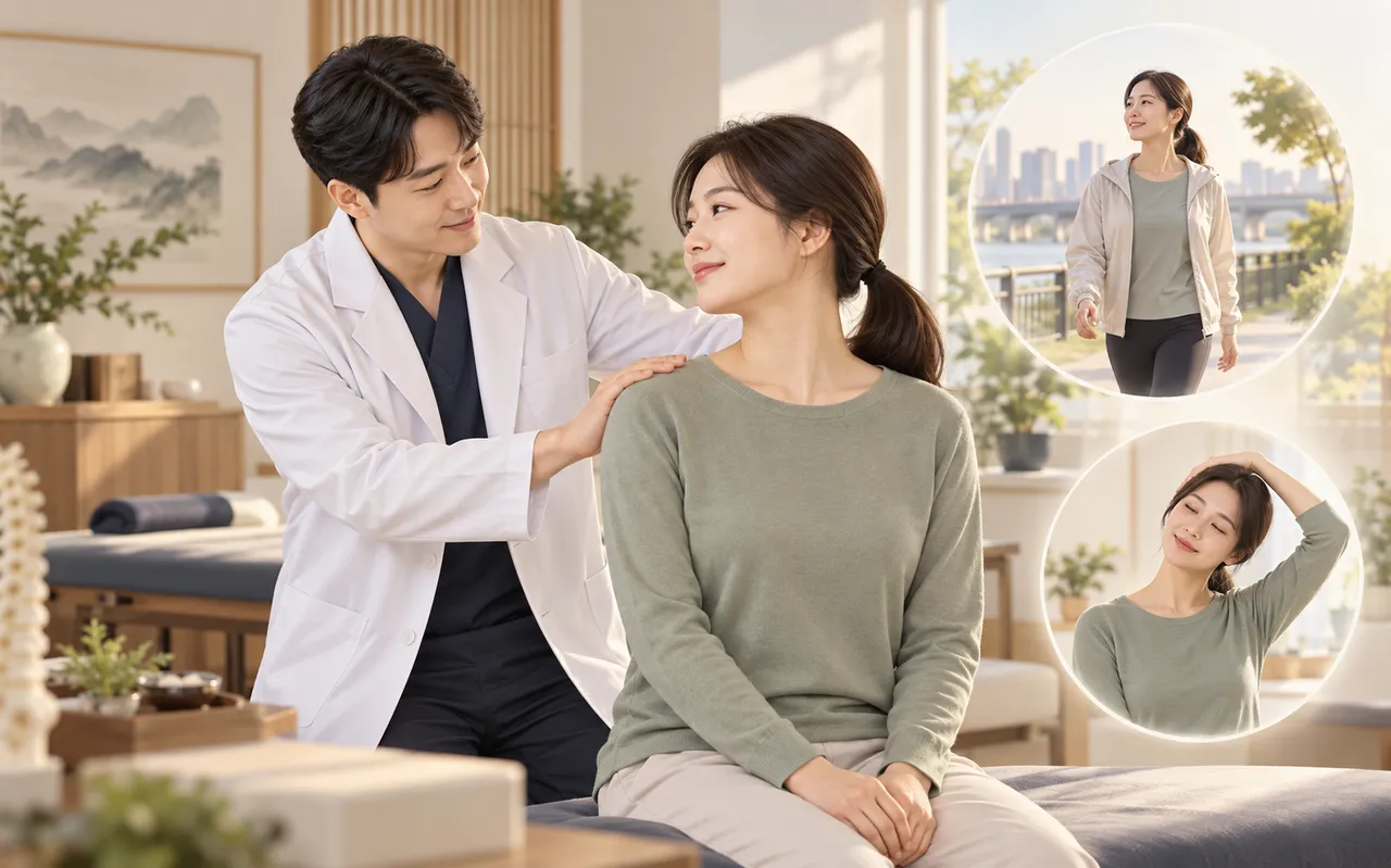 의료진이 교통사고 환자의 목 움직임을 평가하고 환자가 걷기와 부드러운 가동범위 운동으로 회복하는 모습