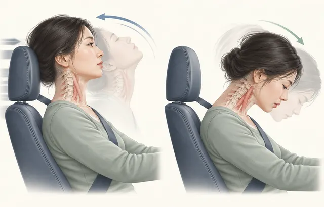 차량 충돌의 가속과 감속으로 머리와 목이 앞뒤로 움직이는 편타손상 기전 의료 일러스트