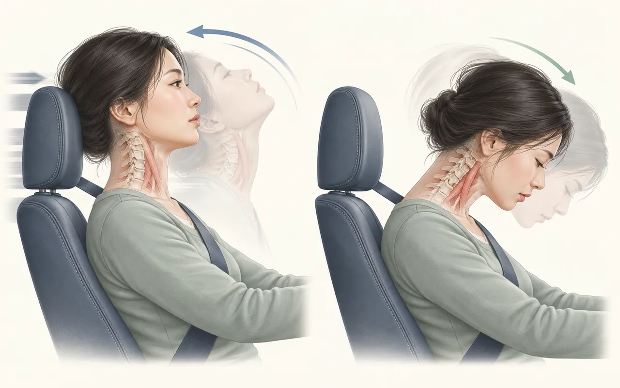 차량 충돌의 가속과 감속으로 머리와 목이 앞뒤로 움직이는 편타손상 기전을 보여주는 의료 일러스트