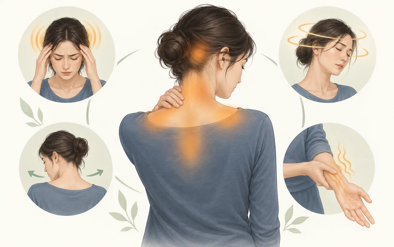 교통사고 편타손상 뒤 나타날 수 있는 목과 어깨 통증, 두통, 어지럼, 팔 저림과 움직임 제한을 보여주는 일러스트