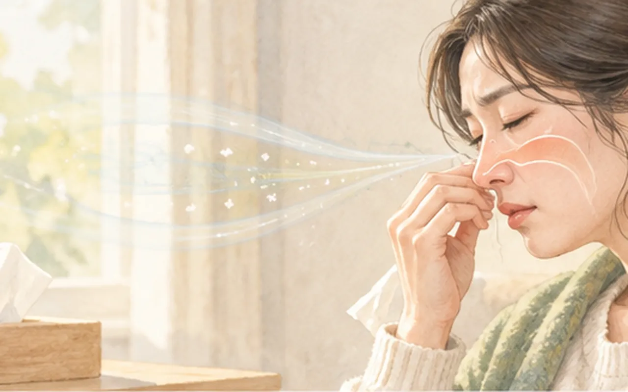재채기와 맑은 콧물, 코막힘이 반복되시나요? 관련 부위와 진료 내용을 보여주는 설명용 이미지