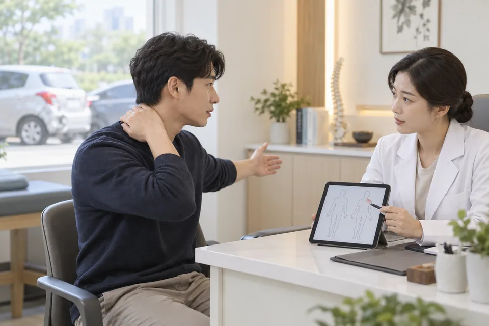 교통사고 후 목과 어깨의 불편을 의료진에게 설명하는 진료 상담 장면
