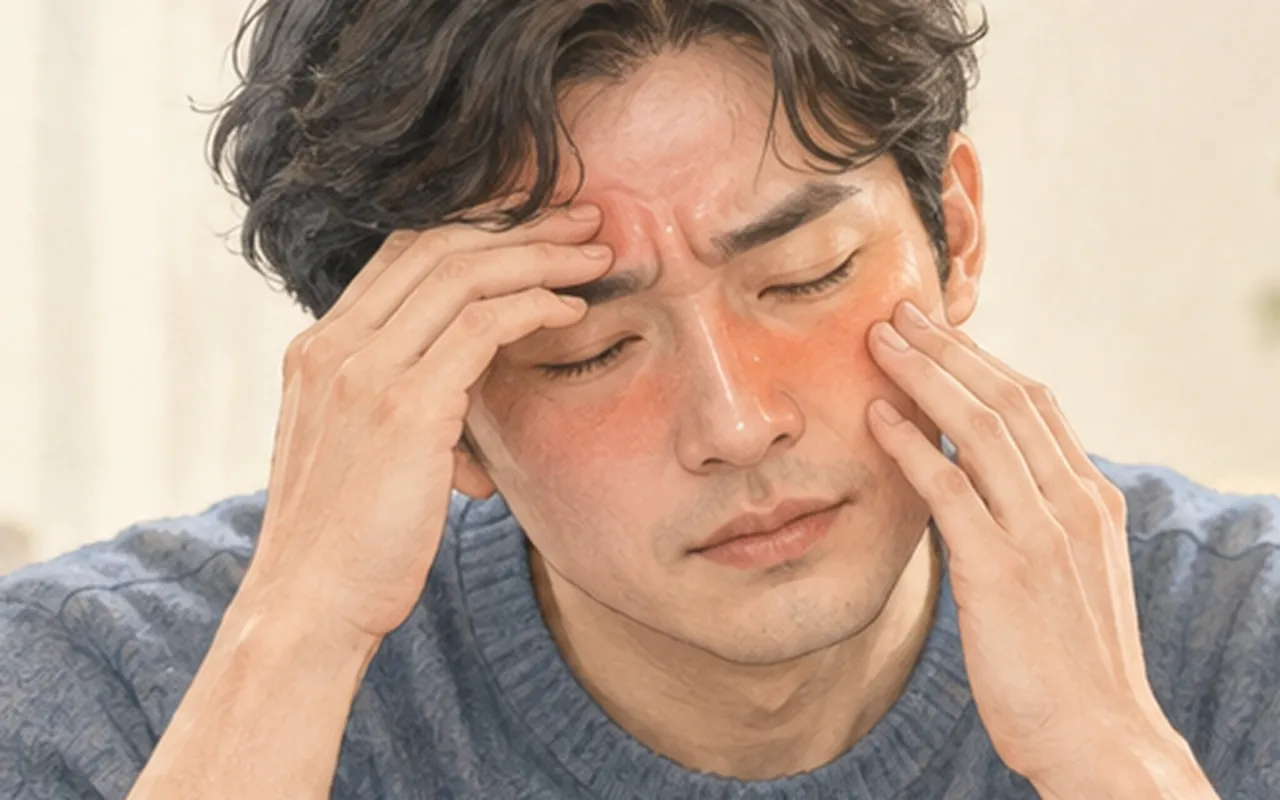 누런 콧물과 코막힘, 얼굴의 답답함이 오래가시나요? 관련 부위와 진료 내용을 보여주는 설명용 이미지