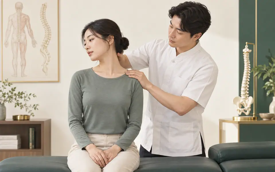 의료진이 환자의 목과 어깨 움직임을 부드럽게 평가하는 설명용 재현 이미지