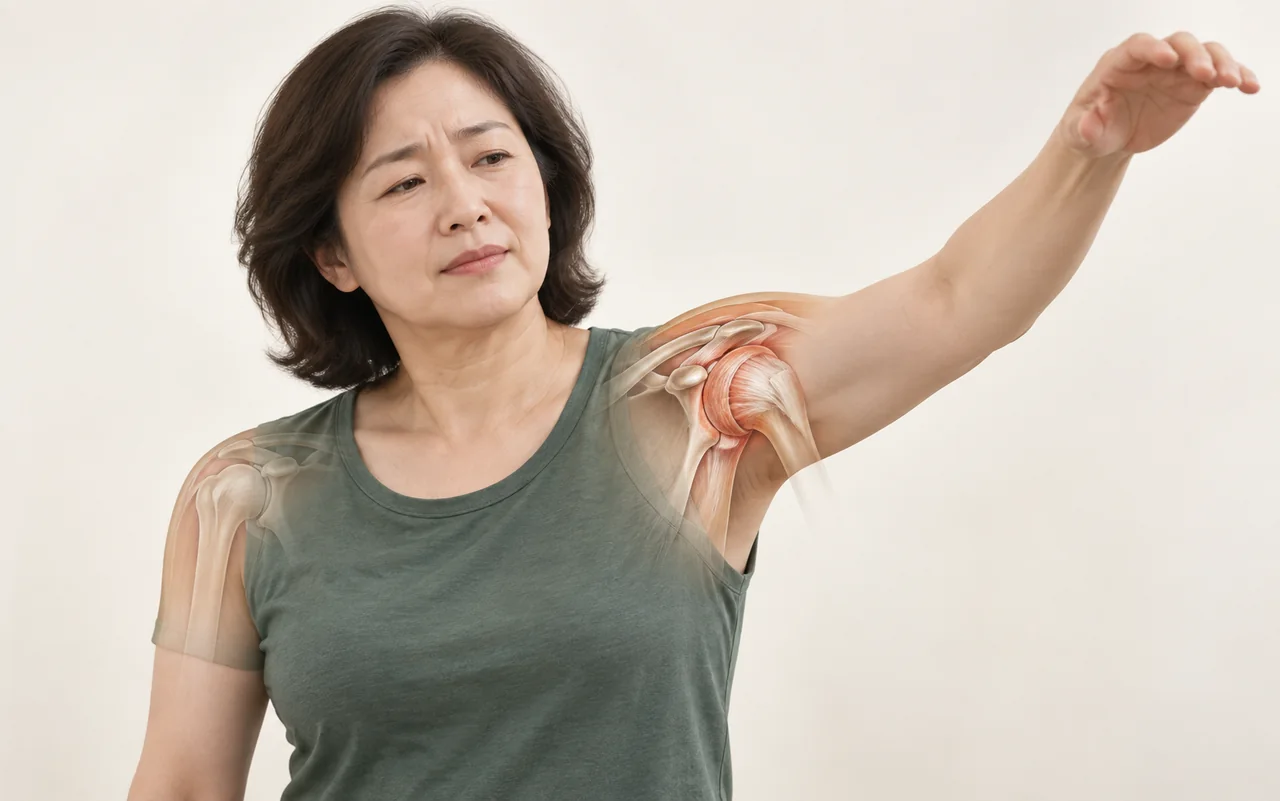 팔을 올리기 어려운 오십견 환자와 두꺼워진 어깨 관절낭을 보여주는 의료 일러스트