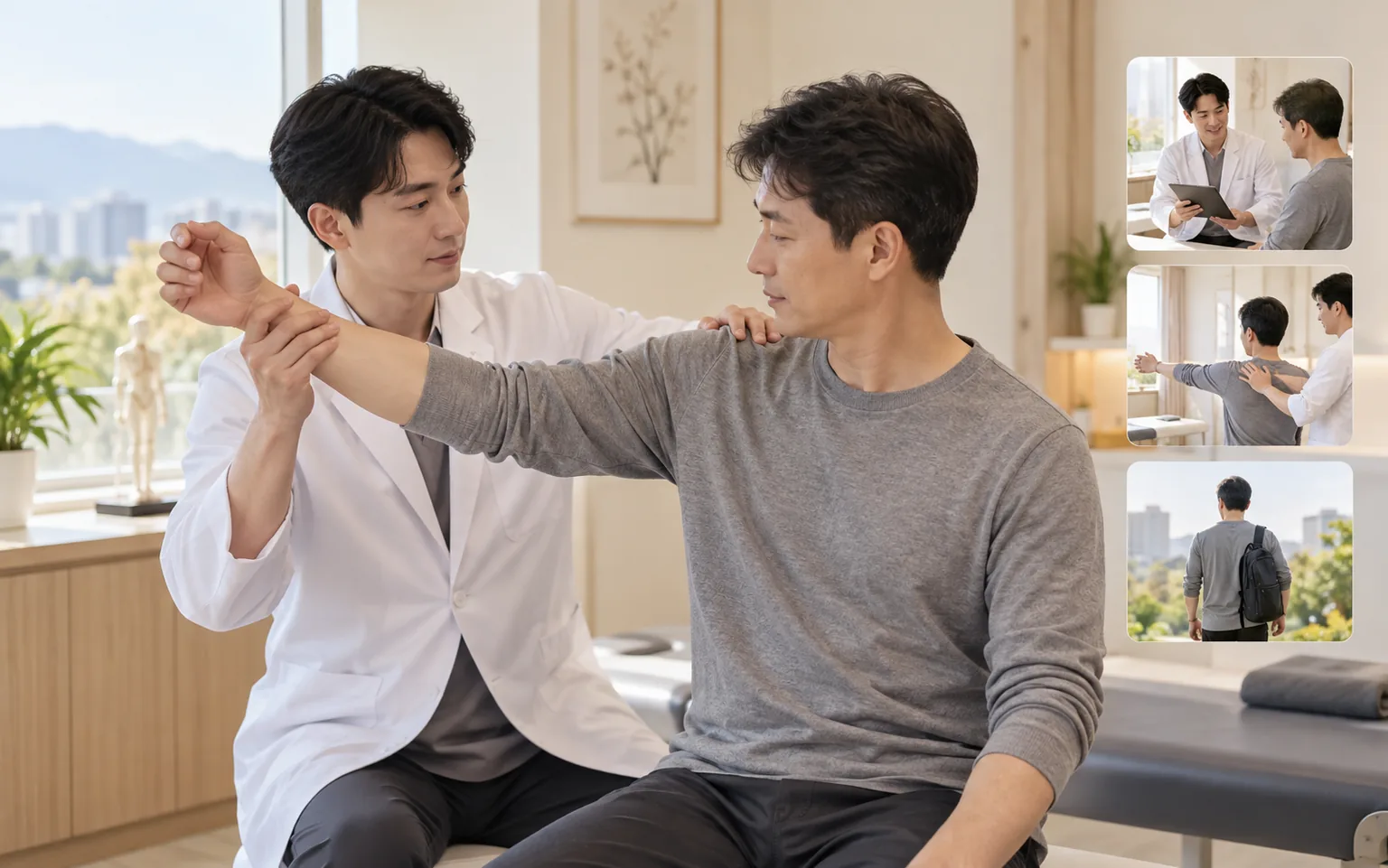 산재 환자의 팔과 어깨 움직임을 평가하고 단계적 회복을 상담하는 의료진