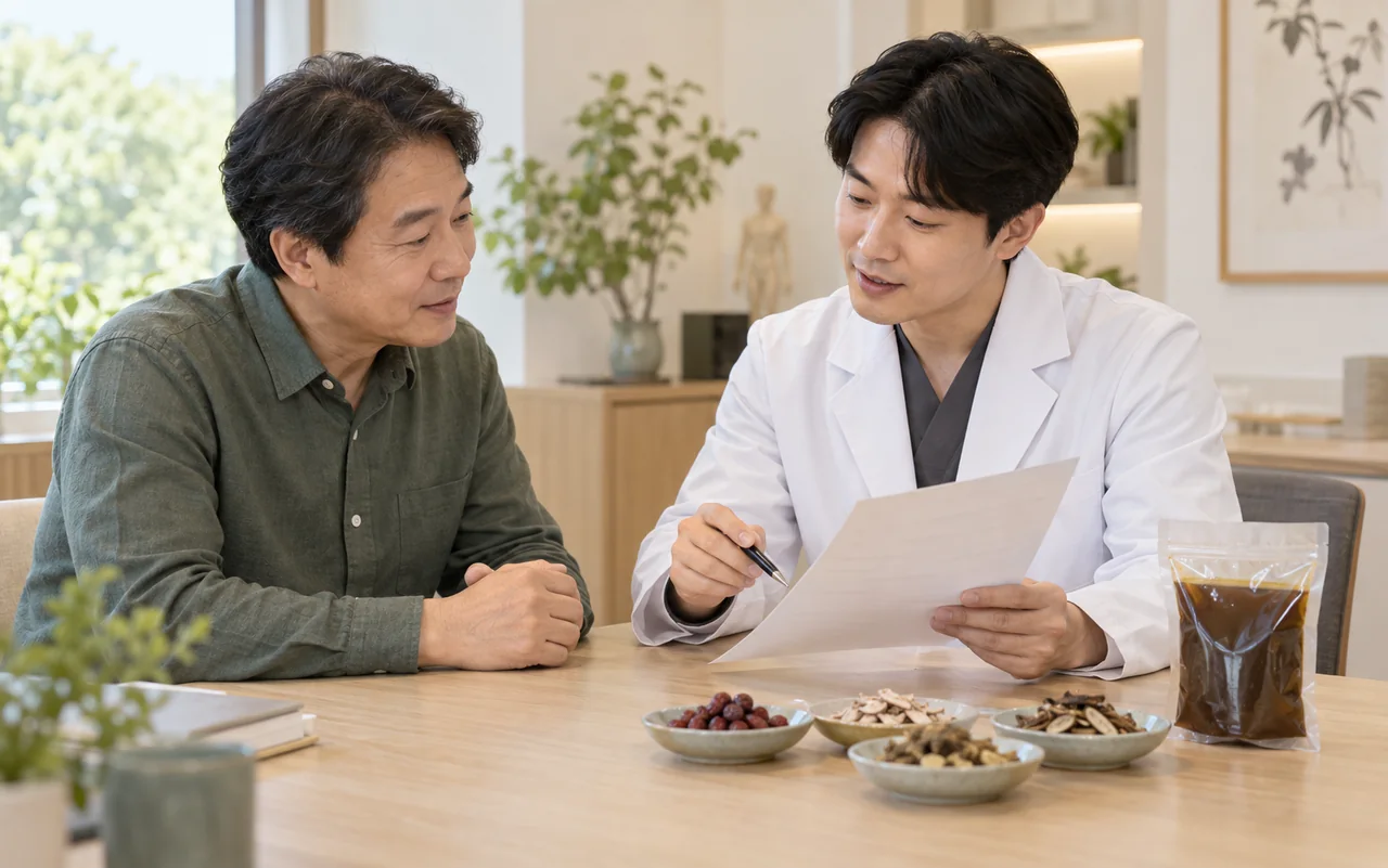 한의사가 환자의 건강 상태와 복용약을 확인하며 첩약 처방을 상담하는 모습