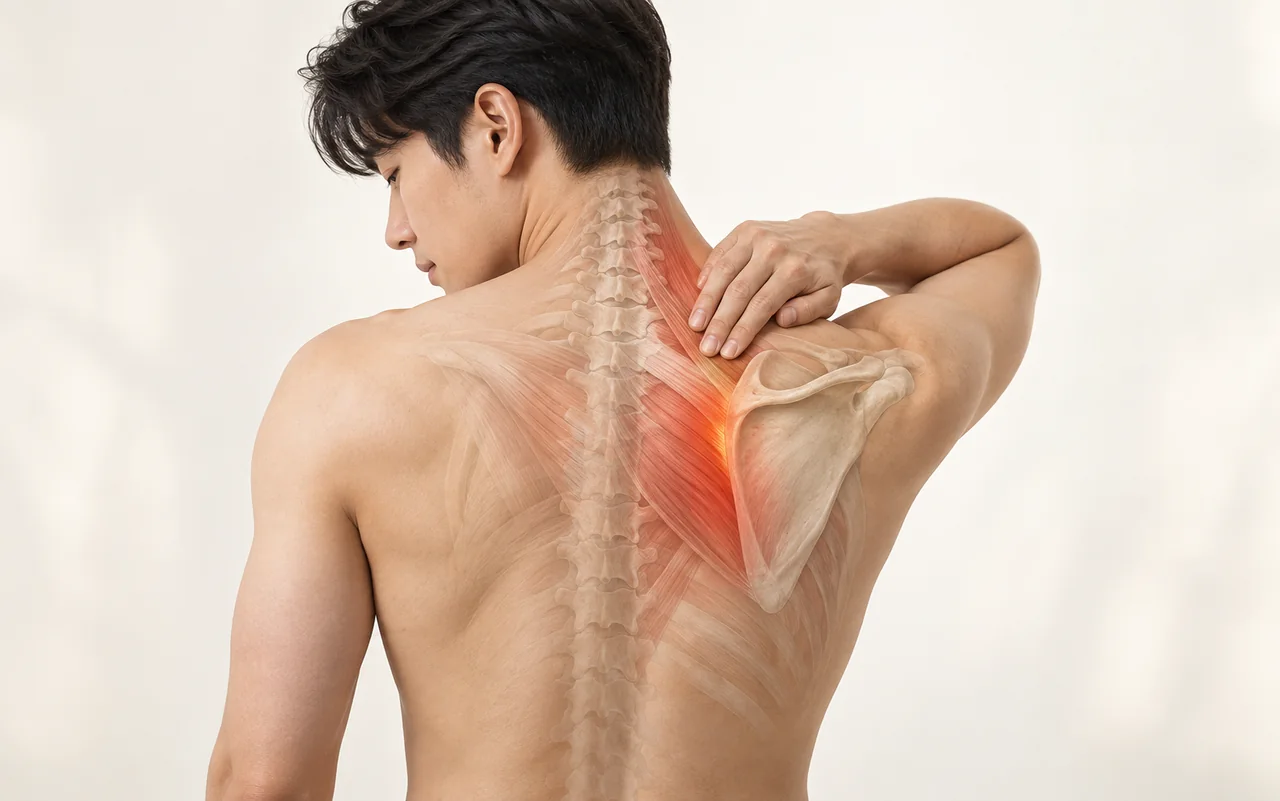 날개뼈 안쪽 통증 부위와 목·견갑골의 해부학적 연결을 보여주는 의료 일러스트