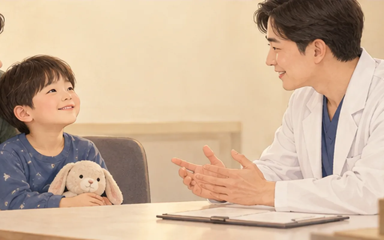 만 5세가 지났는데도 밤오줌이 반복되나요? 관련 부위와 진료 내용을 보여주는 설명용 이미지