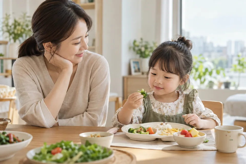 부모와 아이가 편안한 분위기에서 다양한 음식을 함께 살펴보는 식사 장면